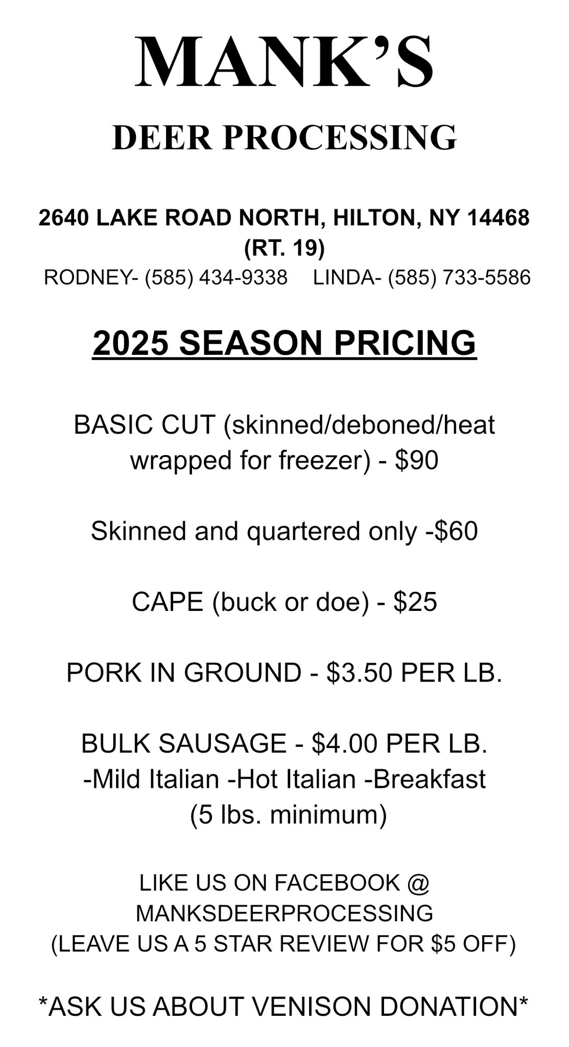 2025 deer processing rates and season information